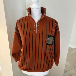 Vintage A Milano Striped Quarter Zip Studded Collar Sweatshirt Top Women's M